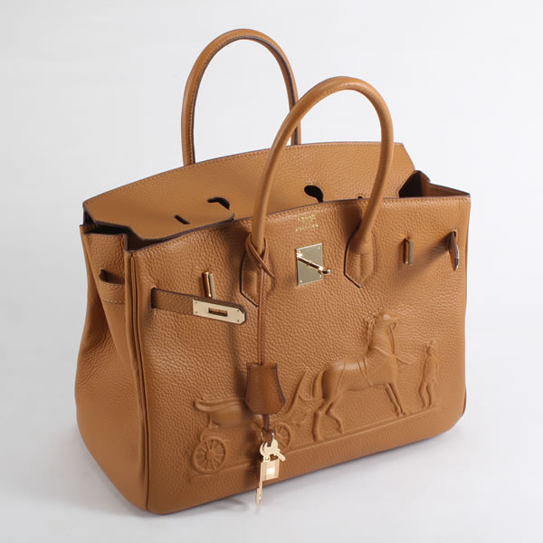 High Quality Fake Hermes Birkin 35CM with Embossed logo Handbag Light Coffee 6089 - Click Image to Close